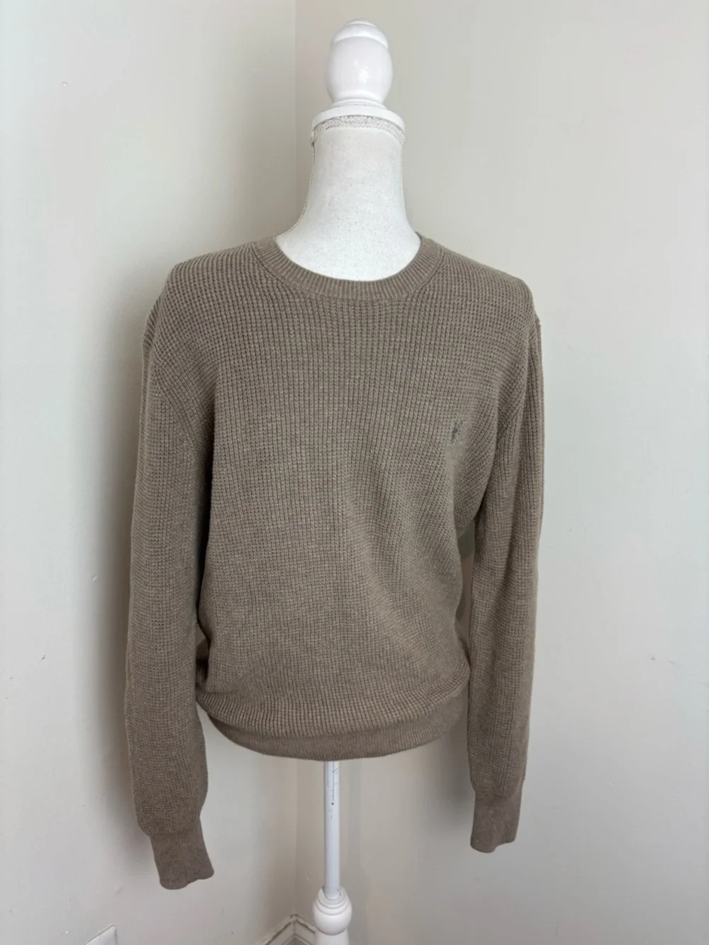 AllSaints Aspen Waffle Texture Crew Neck Ramskull Tan Sweater Size Small